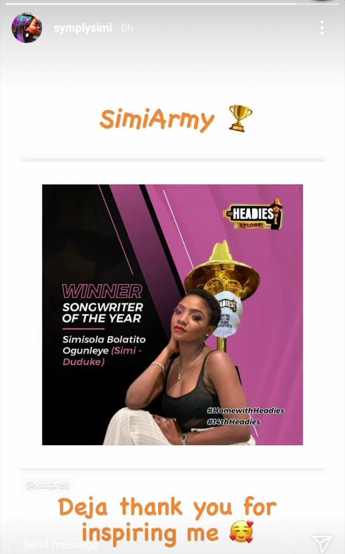 Simi Dedicates Her Headies Award To Daughter, Deja and thank her for the inspiration she gave her